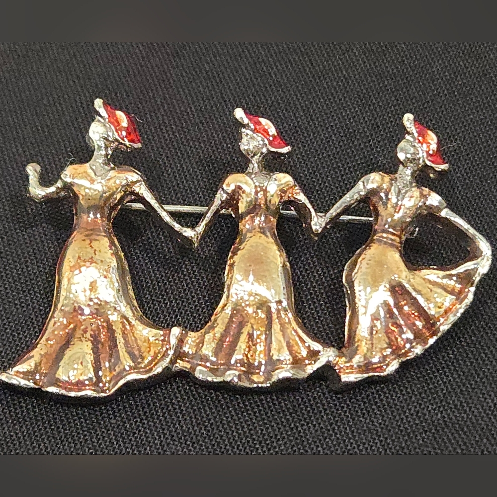 Vintage Red Hat Society Dancing Ladies Brooch
